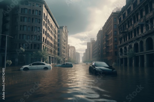 Flood city street emergency. Generate Ai photo
