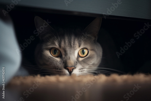 Scared cat hiding under bed. 