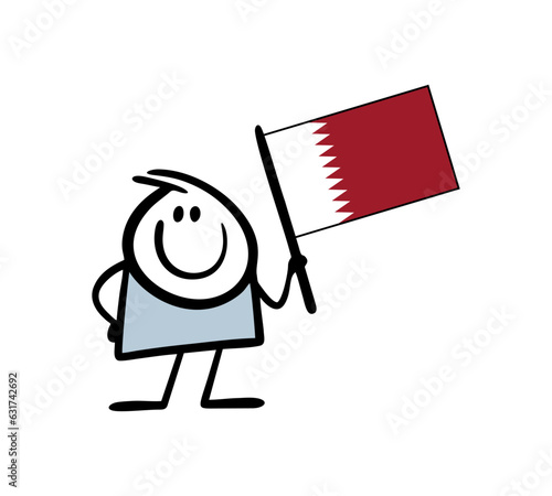 Funny stickman waving the flag of Qatar. Vector illustration of a boy holding the national sign of the Arab state.