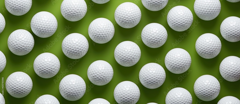 A green background with a group of golf balls and a tee is displayed from a top view, providing ample space for copying.