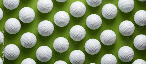 Obraz na płótnie A green background with a group of golf balls and a tee is displayed from a top view, providing ample space for copying. w salonie