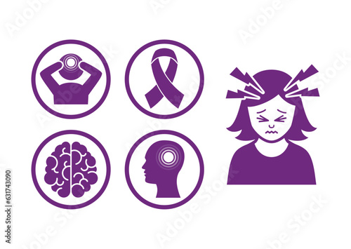 Migraine and headache purple icon set vector. Head pain, migraine, dizziness, stress silhouette symbol isolated on a white background. Woman with headache graphic design element