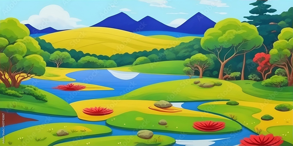 Fantasy landscape. River flow. AI generated illustration Fantasy landscape. River flow. AI generated illustration