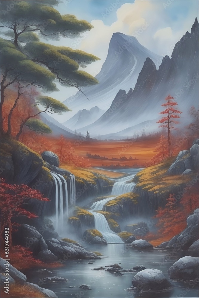 Fantasy landscape. River flow. AI generated illustration