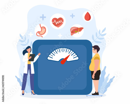 Women doctor measuring weight of fat man Doctor explain about health and how to loose weight Concept of weight loss medicine