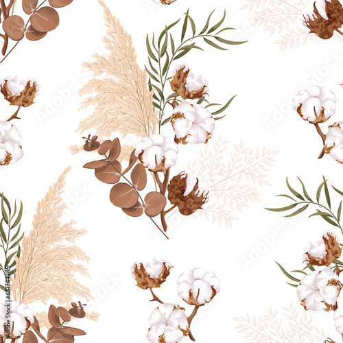 Boho, bohemian seamless floral pattern. Bouquet with cotton flowers, eucalyptus, reed and dry plants.