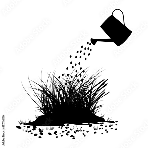Watering can and grass black silhouette on white background. Lawn care or garden tool concept. Garden watering can irrigation plants.Drops of water falling of watering pot on grass.Vector illustration