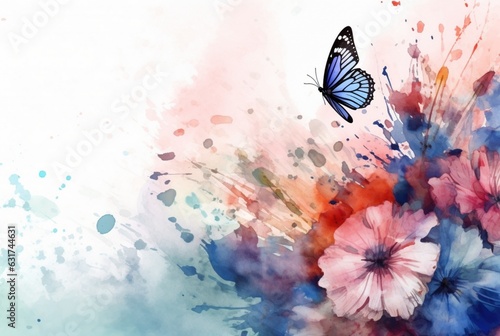 Beatiful Butterfly with flowers,watercolor drawing. generative ai