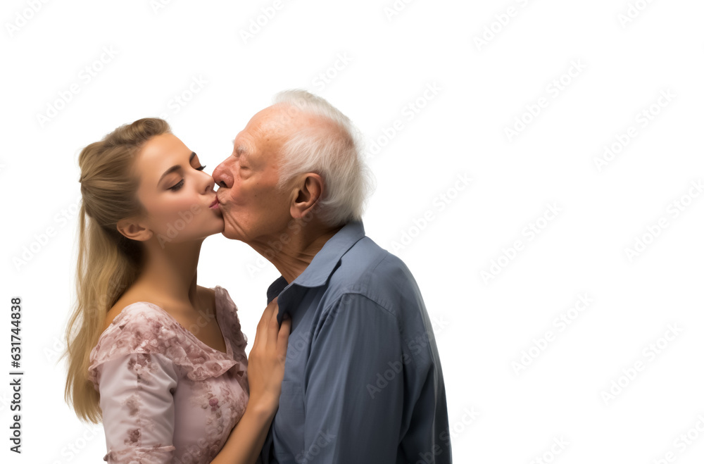 Beautiful young woman kissing an older man. Concept of age gab love or gold digging. Isolated on white background. Beautiful young woman kissing an older man. Concept of age gab love or gold digging. Isolated on white background.