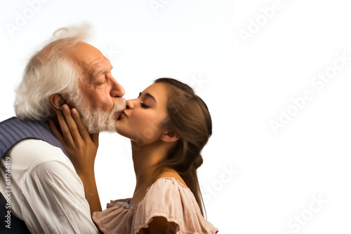 Beautiful young woman kissing an older man. Concept of age gab love or gold digging. Isolated on white background. photo
