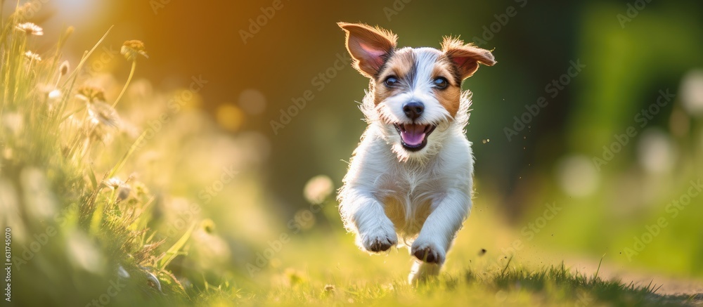 Happy and energetic Jack Russell pet dog puppy running in the grass during the summer. This web banner has copy space. Happy and energetic Jack Russell pet dog puppy running in the grass during the summer. This web banner has copy space.