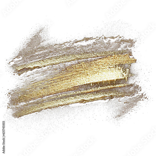 Gold paint brush smear stroke. Abstract gold glittering textured stain on transparent background. PNG