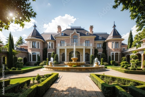 big luxury mansion house with large fountain and garden