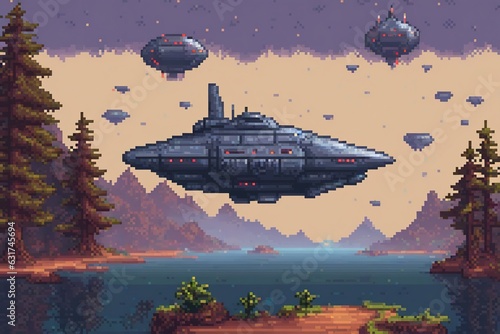 Pixel art of alien spaceship flying over the sea.