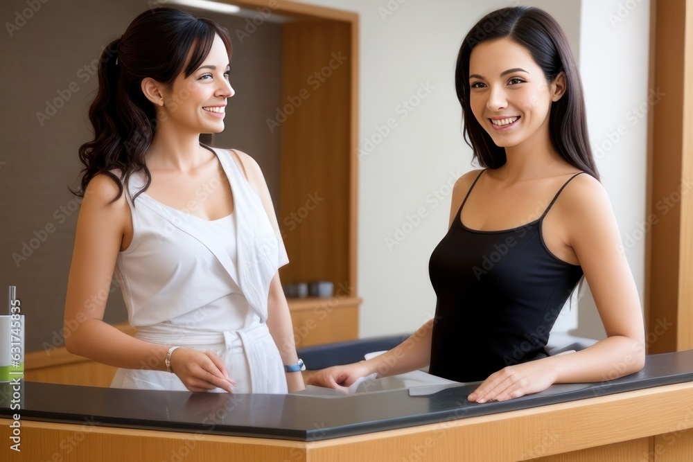 women smiling and talking to receptionist in office women smiling and talking to receptionist in office