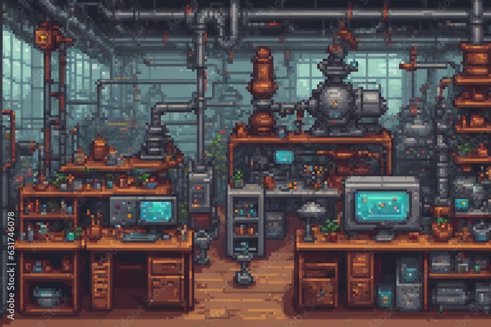 Futuristic factory interior with equipment in cartoon style