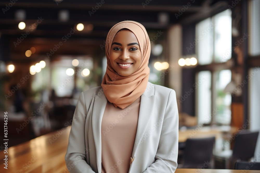 smiling business woman wearing hijab posing and looking at camera smiling business woman wearing hijab posing and looking at camera