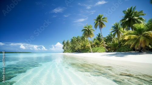 Exotic beach with clear sea water  white sand and palm trees. Generative AI technology.