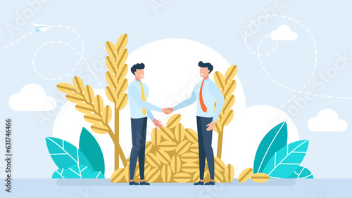 Businessmen shake hands. Meeting business transaction of sale crops. Conclusion of the agreement. Grain deal. Buy grain. Agricultural income concept. Exchange deal. Agribusiness. Vector illustration