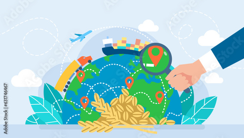 Searching for ways to transport grain. The concept of harvest, export, import. Planet earth and transport. Global logistics network, logistic import export and transport. Flat vector illustration