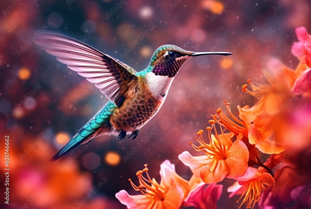Fototapeta premium Humming bird hovering over colorful, pollen filled flowers. Generative AI