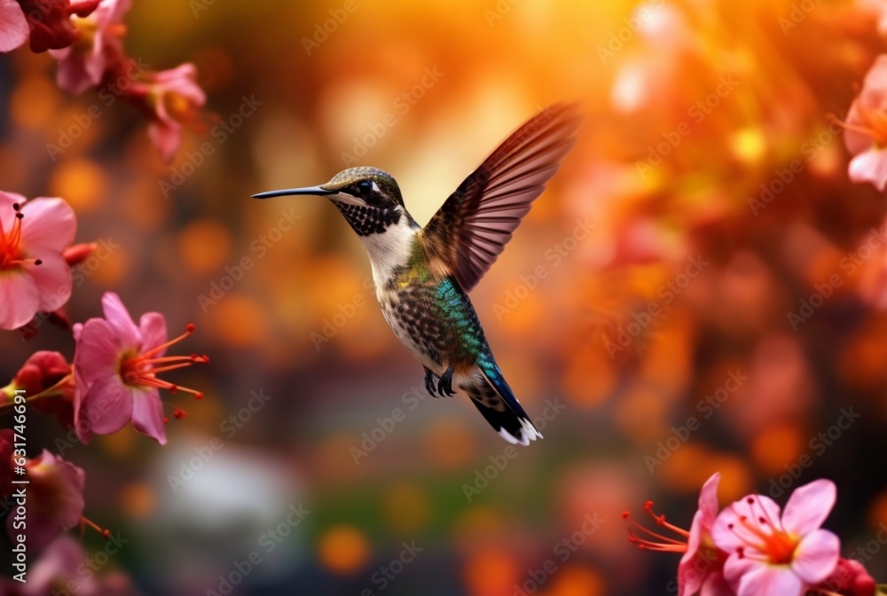 Naklejka premium Humming bird hovering over colorful, pollen filled flowers. Generative AI