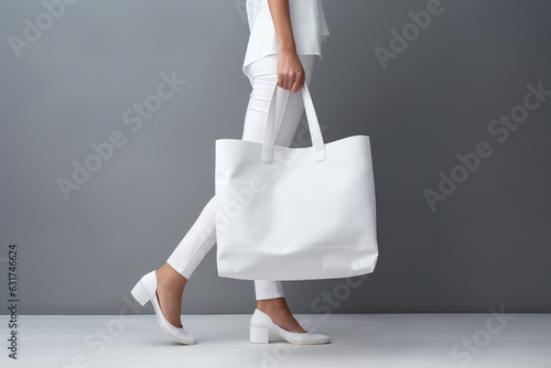 Unrecognizable girl carrying white tote bag over studio background, Panorama