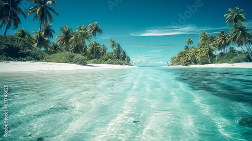 Exotic beach with clear sea water, white sand and palm trees. Generative AI technology.