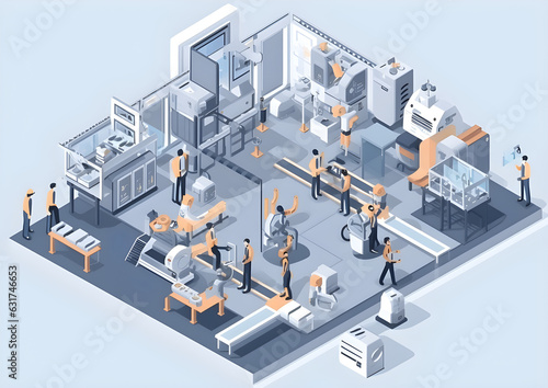 Robots and assembly line with workers. Smart Factory