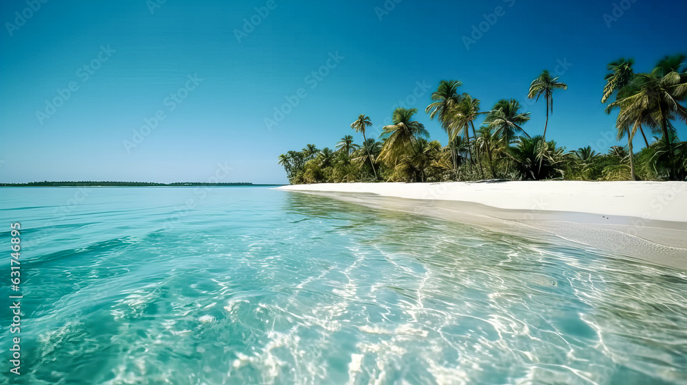 Fototapeta premium Exotic beach with clear sea water, white sand and palm trees. Generative AI technology.