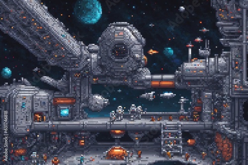 Futuristic space station with planets and stars. Pixelated scene.