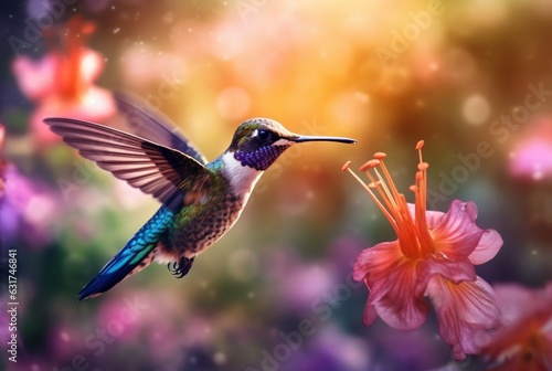 Humming bird hovering over colorful, pollen filled flowers. Generative AI © LivroomStudio