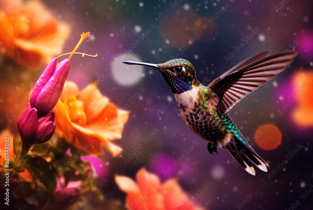 Fototapeta premium Humming bird hovering over colorful, pollen filled flowers. Generative AI