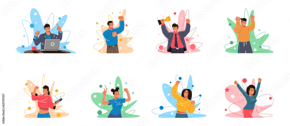 Fototapeta premium Winner people, celebrate triumph. Happy smiling men and women. Business and sport achievement, champion win, victory group, leader hold gold goblet. Vector cartoon illustration