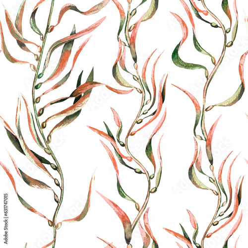 Seaweed kelp seamless pattern. Hand drawn watercolor plants botanical texture.