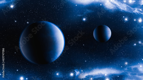 Planets in deep space. Two exoplanets with clusters of stars and stardust. Nebulae and constellations in colorful space.