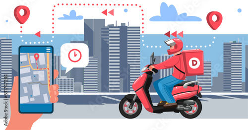 Bike delivery. Online app order, restaurant service, takeout and deliver city service, quick moped. Male courier on scooter, meal shipping. Deliveryman on motorcycle, vector illustration banner