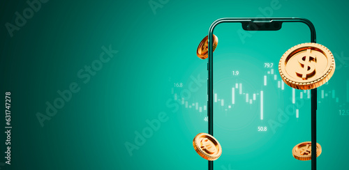 Bild auf Leinwand Golden coins include dollar Yen yuan Euro and pound sterling with mobile phone frame on green background for currency exchange and forex trading concept