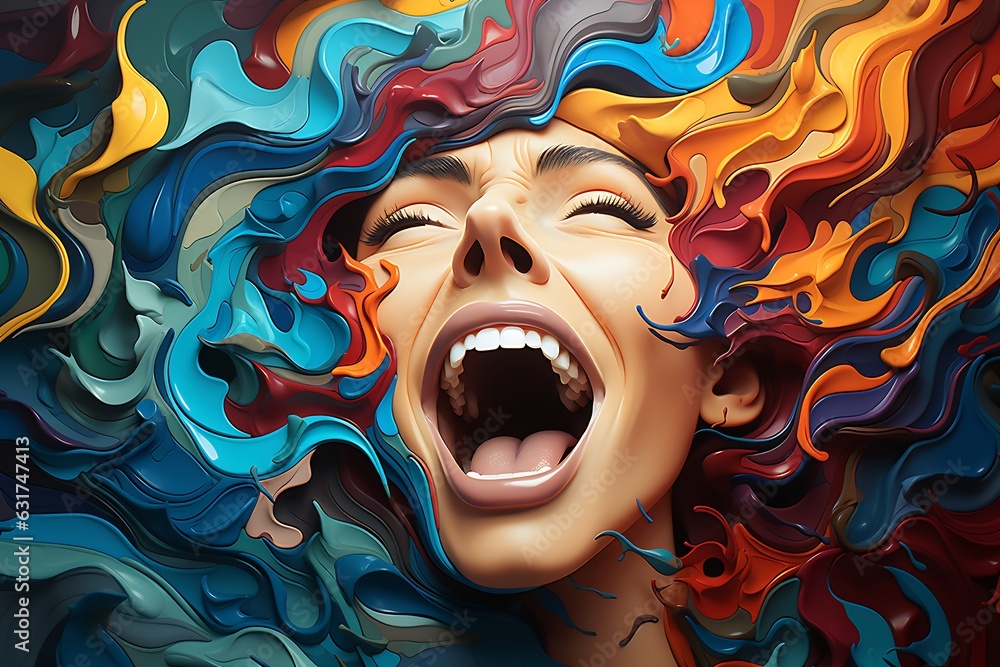 emotional woman with colours, in the style of dynamic and exaggerated facial expressions