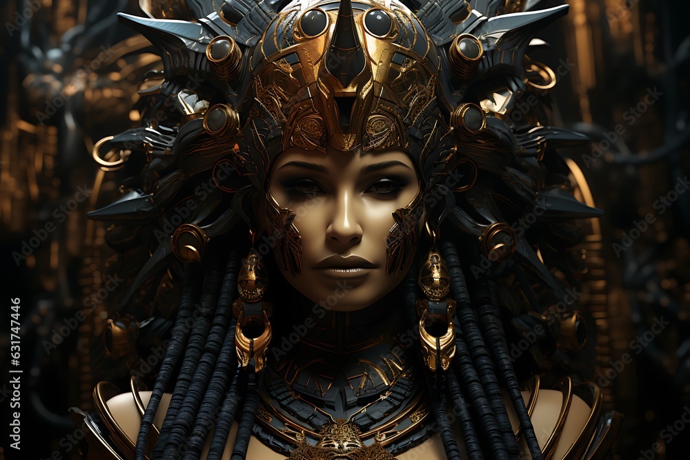 a beautiful woman in an armored, in the style of dark bronze and gold