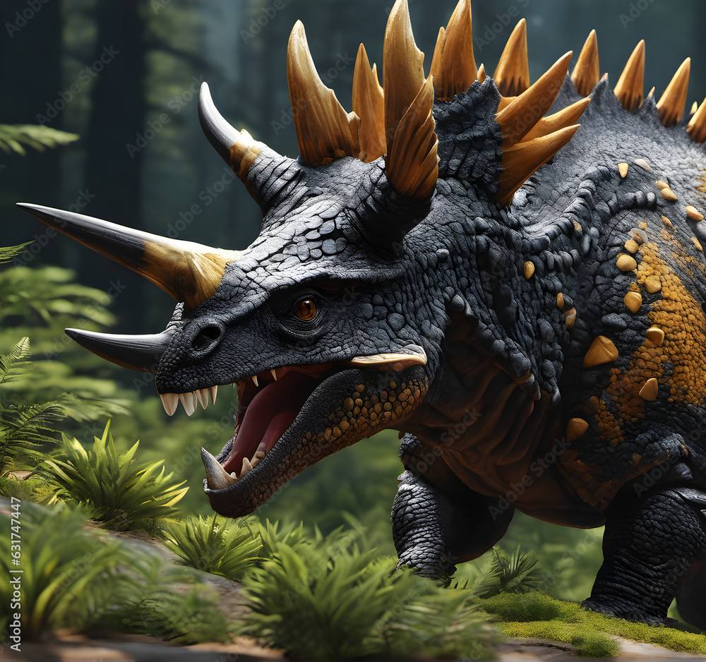 styracosaurus dinosaur. Ancient dinosaur in the jungle. Jurassic period. generative AI styracosaurus dinosaur. Ancient dinosaur in the jungle. Jurassic period. generative AI