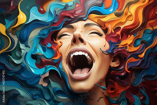 emotional woman with colours, in the style of dynamic and exaggerated facial expressions