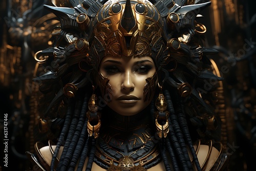 a beautiful woman in an armored, in the style of dark bronze and gold