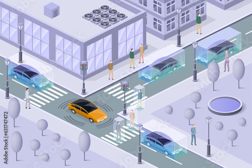 Car traffic. Isometric smart road drive. Future technology. 3D iot city communications. Urban landscape. Pedestrians walk sidewalk. People crossing highway. Vector futuristic banner