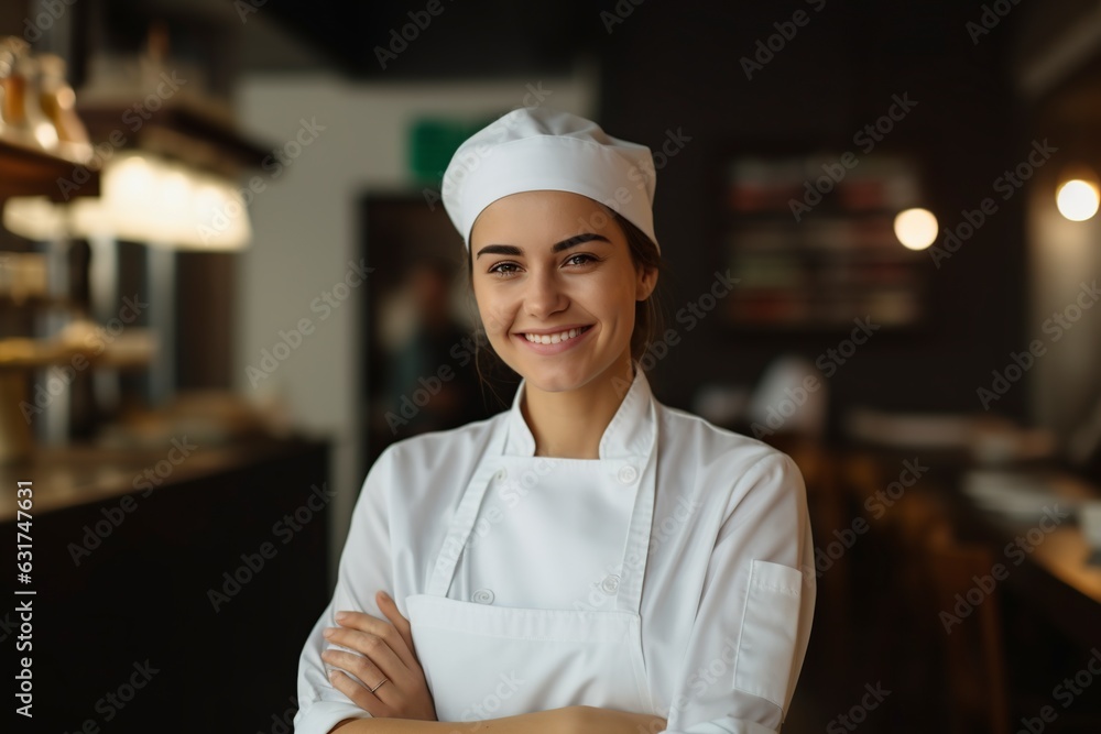smiling attractive female chef posing in restaurant smiling attractive female chef posing in restaurant