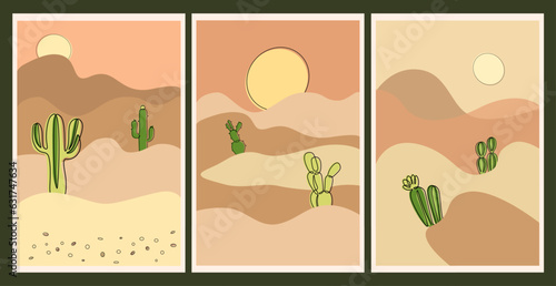 Cactus posters. Desert background. Sand and sun. Mexican sunset landscape. Simple wall art decor. Cards and covers design, doodle drawing. Hot summer arizona mountains. Vector minimal illustration © Natalia
