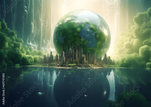 Futuristic planet earth in a crystal clear sphere surrounded of a modern world