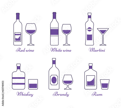 Set black alcoholic drinks with wineglasses in thin line style. Outline alcohol bottles and glasses in flat design. Linear icons beverages isolated on white background. Vector graphics.