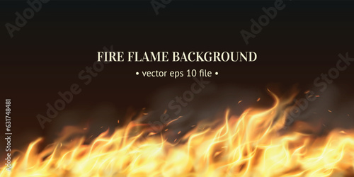 Fire flame background. Web banner template. Bright flame backdrop. Blaze with smoke and sparks isolated on black. Horizontal poster. Light effect. Vector realistic bonfire illustration