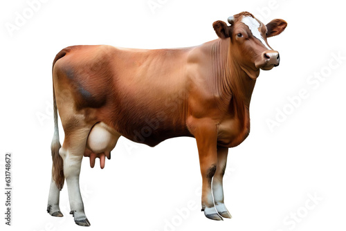 Brown cow standing sideways and isolated on transparent  or white background. Dairy cattle are agricultural commodity animals.